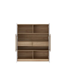 Stauraumvitrine >ATTENTION< 2 Türen, 2 Schübe, Eiche Dekor / Weiß Gloss - 119,9x139,6x41,5cm BxHxT
