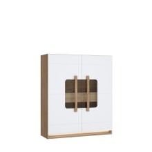Stauraumvitrine >ATTENTION< 2 Türen, 2 Schübe, Eiche Dekor / Weiß Gloss - 119,9x139,6x41,5cm BxHxT