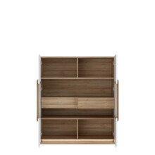 Stauraumvitrine >ATTENTION< 2 Türen, 2 Schübe, Eiche Dekor / Weiß Gloss - 119,9x139,6x41,5cm BxHxT