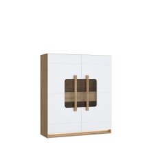 Stauraumvitrine >ATTENTION< 2 Türen, 2 Schübe, Eiche Dekor / Weiß Gloss - 119,9x139,6x41,5cm BxHxT