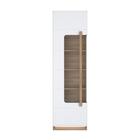 Vitrine >ATTENTION< 5 Böden, Riviera Eiche Dekor / Weiß Gloss - 60,2x210x34,3cm (BxHxT)