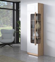 Vitrine >ATTENTION< 5 Böden, Riviera Eiche Dekor / Weiß Gloss - 60,2x210x34,3cm (BxHxT)