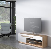 Lowboard >ATTENTION< LED, 1 Tür, 1 Schub, Eiche Dekor / Weiß Gloss - 159,9x50x41,5cm BxHxT