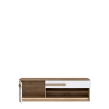 Lowboard >ATTENTION< LED, 1 Tür, 1 Schub, Eiche Dekor / Weiß Gloss - 159,9x50x41,5cm BxHxT