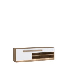 Lowboard >ATTENTION< LED, 1 Tür, 1 Schub, Eiche Dekor / Weiß Gloss - 159,9x50x41,5cm BxHxT