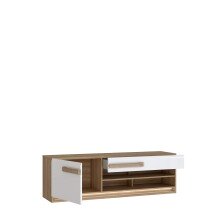 Lowboard >ATTENTION< LED, 1 Tür, 1 Schub, Eiche Dekor / Weiß Gloss - 159,9x50x41,5cm BxHxT