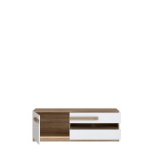 Lowboard >ATTENTION< LED, 1 Tür, 2 Schübe, Eiche Dekor / Weiß Gloss - 139,9x50x41,5cm BxHxT