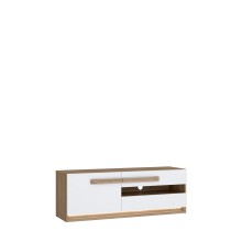 Lowboard >ATTENTION< LED, 1 Tür, 2 Schübe, Eiche Dekor / Weiß Gloss - 139,9x50x41,5cm BxHxT