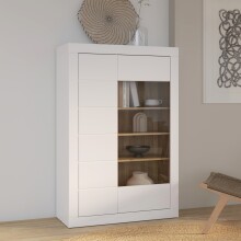 Stauraumvitrine >LEFKADAS< 2 Türen, 7 Böden, Weiss/ Mauvella Eiche Dekor - 101x151,2x41,4cm BxHxT
