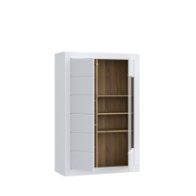 Stauraumvitrine >LEFKADAS< 2 Türen, 7 Böden, Weiss/ Mauvella Eiche Dekor - 101x151,2x41,4cm BxHxT