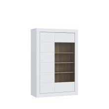 Stauraumvitrine >LEFKADAS< 2 Türen, 7 Böden, Weiss/ Mauvella Eiche Dekor - 101x151,2x41,4cm BxHxT