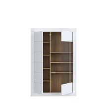 Stauraumvitrine >LEFKADAS< 2 Türen, 7 Böden, Weiss/ Mauvella Eiche Dekor - 101x151,2x41,4cm BxHxT