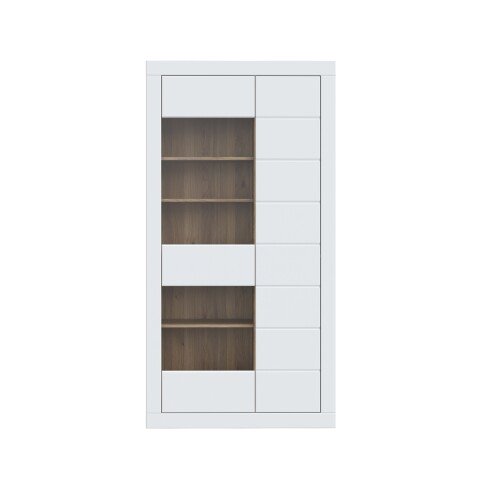 Stauraumvitrine >LEFKADAS< 2 Türen, 9 Böden, Weiss / Mauvella Eiche Dekor - 101x196x41,4cm BxHxT