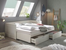 Funktionsbett >Lepini< Liegefläche 90/180x200cm, Schübe, Weiß Dekor - 204x67x97cm (BxHxT)