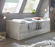 Funktionsbett >Lepini< Liegefläche 90/180x200cm, Schübe, Weiß Dekor - 204x67x97cm (BxHxT)