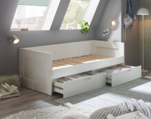 Funktionsbett >Lepini< Liegefläche 90/180x200cm, Schübe, Weiß Dekor - 204x67x97cm (BxHxT)