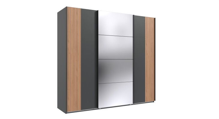 Schwebetürenschrank >Malaga< Spiegel, Akustiklamelle, Graphit & Artisan Eiche - 225x208x64cm BxHxT
