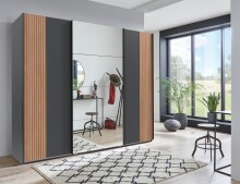 Schwebetürenschrank >Malaga< Spiegel, Akustiklamelle, Graphit & Artisan Eiche - 225x208x64cm BxHxT