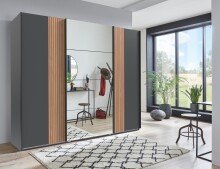 Schwebetürenschrank >Malaga< Spiegel, Akustiklamelle, Graphit & Artisan Eiche - 225x208x64cm BxHxT