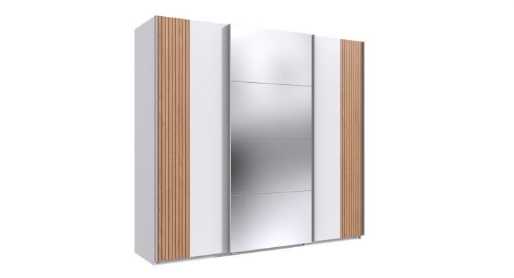 Schwebetürenschrank >Malaga< Spiegel, Weiß / Akustiklamelle Artisan Eiche - 225x208x64cm (BxHxT)