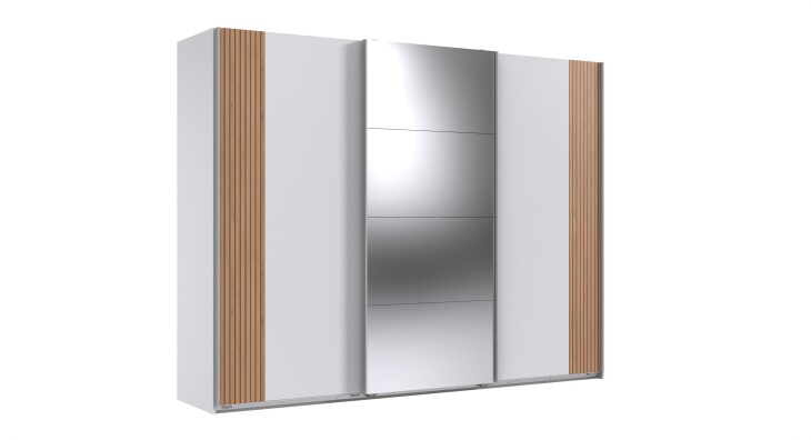 Schwebetürenschrank >Malaga< Spiegel, Weiß / Akustiklamelle Artisan Eiche - 270x208x64cm (BxHxT)