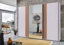 Schwebetürenschrank >Malaga< Spiegel, Weiß / Akustiklamelle Artisan Eiche - 270x208x64cm (BxHxT)