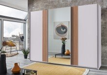 Schwebetürenschrank >Malaga< Spiegel, Weiß / Akustiklamelle Artisan Eiche - 270x208x64cm (BxHxT)