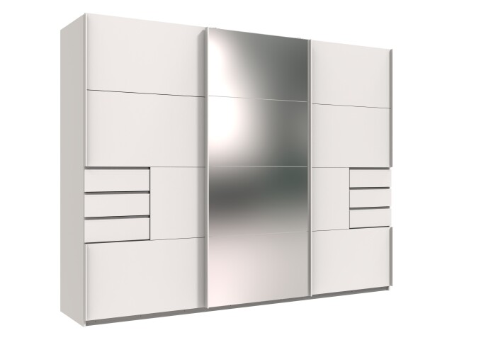 Schwebetürenschrank >Saigon< 6 Schübe, Spiegel / Weiß - 270x208x64cm (BxHxT)