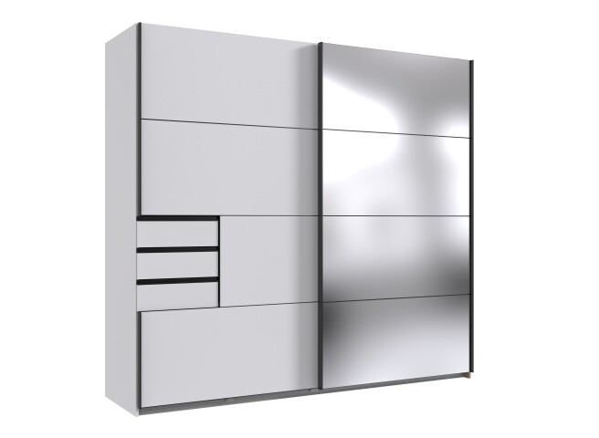 Schwebetürenschrank >Saigon< 3 Schübe, Spiegel / Weiß - 225x208x64cm (BxHxT)