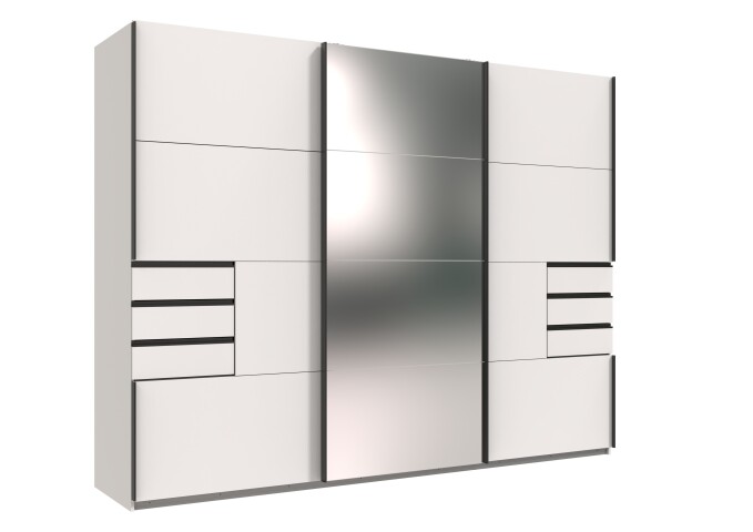 Schwebetürenschrank >Saigon< 6 Schübe, Spiegel / Weiß - 270x208x64cm (BxHxT)