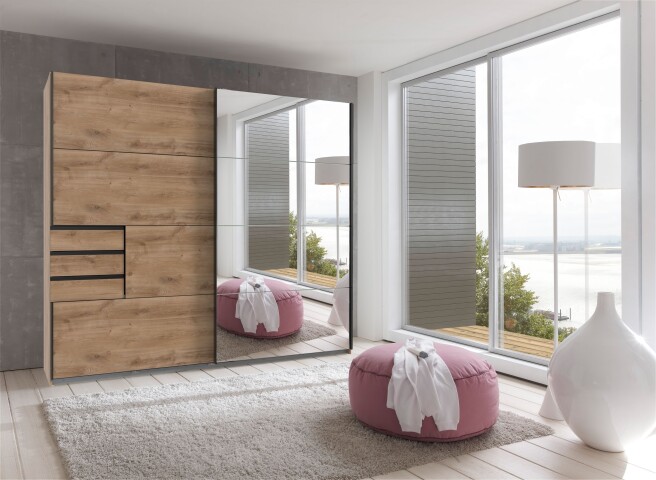 Schwebetürenschrank >Saigon< 3 Schübe, Spiegel / Plankeneiche Nachbil, 889,95 €