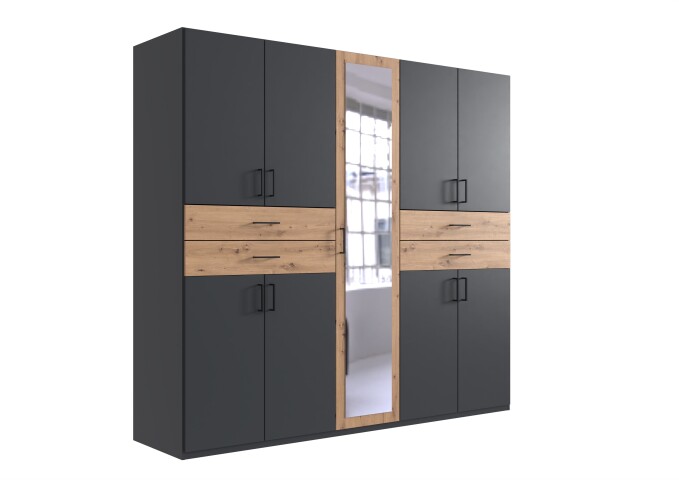 Drehtürenschrank >Taiga< 9 Türen, 4 Schübe, Graphit / Artisan Eiche Dekor - 225x208x58cm BxHxT