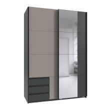 Schwebetürenschrank >Emden< 3 Schübe, Spiegel / GRAPHIT + SAHARAGRAU - 135x198x65cm (BxHxT)