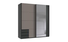 Schwebetürenschrank >Emden< 3 Schübe, Spiegel / GRAPHIT + SAHARAGRAU - 179x198x65cm (BxHxT)