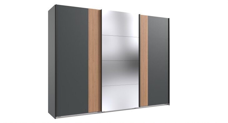 Schwebetürenschrank >Malaga< Spiegel / Graphit & Akustiklamelle Artisan Eiche - 270x208x64cm BxHxT
