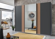 Schwebetürenschrank >Malaga< Spiegel / Graphit & Akustiklamelle Artisan Eiche - 270x208x64cm BxHxT