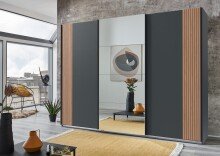 Schwebetürenschrank >Malaga< Spiegel / Graphit & Akustiklamelle Artisan Eiche - 270x208x64cm BxHxT