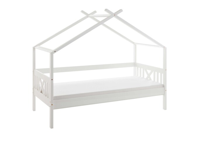 Hausbett >Susa< Liegefläche 90x200cm, Rollrost, Weiß, teilmassiv - 207x170x98cm BxHxT