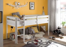 Hochbett >Alvin< Liegefl. 90x200cm, Rollrost, weiß, teilmassiv - 97x113x207cm (BxHxT)