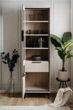 Vitrine >Arona< in sand / schwarz, Holzwerkstoff / Glas - 60x200x38cm (BxHxT)