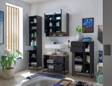 Waschbeckenunterschrank >Denver< 1 Tür, 2 Schübe, schwarz matt / evoke eiche Dekor - 80x60x35 (BxHxT)