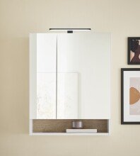 Badezimmerspiegelschrank >Denver< LED, Steckdose, weiß matt / eiche Dekor - 60x75x22 (BxHxT)