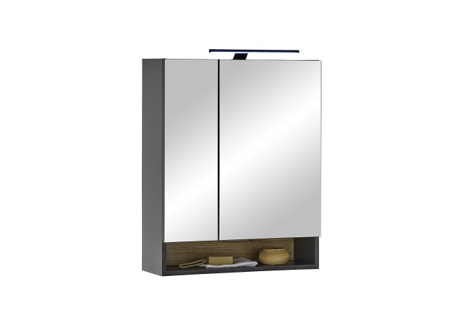 Badezimmerspiegelschrank >Denver< LED, Steckdose, schwarz matt / evoke Eiche Dekor - 60x75x22cm (BxHxT)