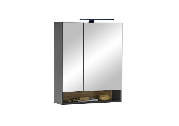 Badezimmerspiegelschrank >Denver< LED, Steckdose, schwarz matt / evoke Eiche Dekor - 60x75x22cm (BxHxT)