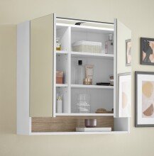 Badezimmerspiegelschrank >Denver< LED, Steckdose, weiß matt / evoke eiche dekor - 80x75x22 (BxHxT)