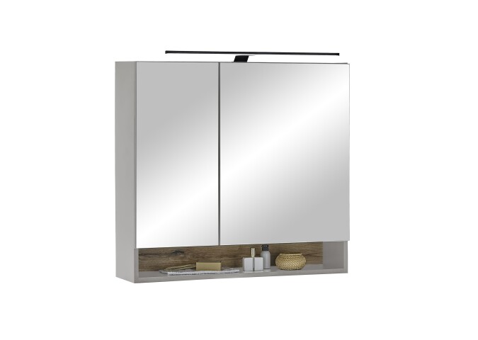 Badezimmerspiegelschrank >Denver< LED, Steckdose, grau matt / evoke eiche Dekor - 80x75x22 (BxHxT)