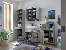 Badezimmerspiegelschrank >Denver< LED, Steckdose, grau matt / evoke eiche Dekor - 80x75x22 (BxHxT)