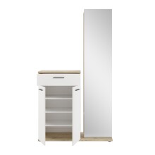 Kompaktgarderobe >Malaga< 2 Türen, 1 Schub, Spiegel, Eiche Dekor / Weiß - 105x188x38cm (BxHxT)