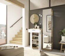 Kompaktgarderobe >Malaga< 2 Türen, 1 Schub, Spiegel, Eiche Dekor / Weiß - 105x188x38cm (BxHxT)