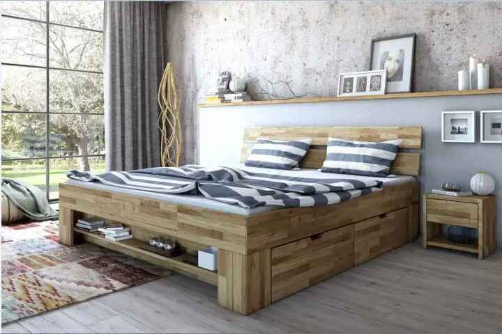 Massivholzbett >Link< Regal / Schubkästen, Liegefl. 140x200, Wildeiche - 145x88x215 (BxHxT)